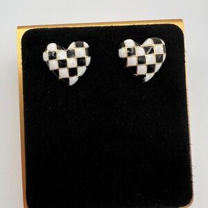 Heart Stud Earrings Black White Checkered Enamel Gold Tone Sterling 925 Posts